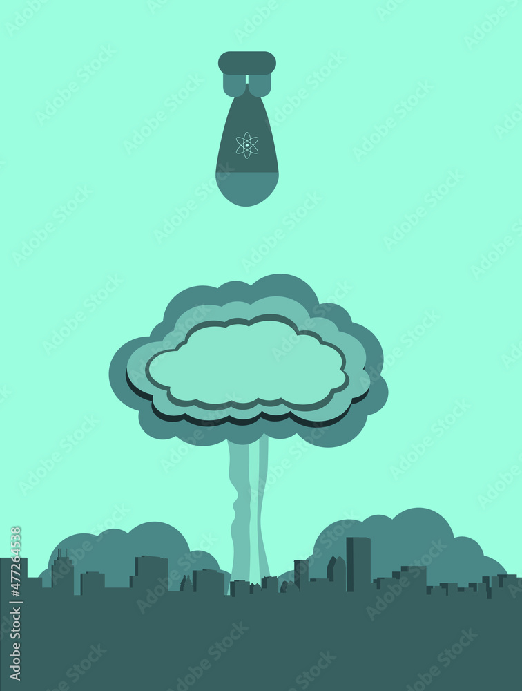 retro poster of nuclear bomb falling in city