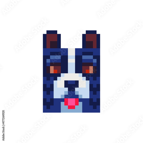 Dog head. Pixel art icon. Stickers and embroidery design. Logo design template for pet shops, veterinary clinics and animal shelters homeless. Isolated vector illustration. 