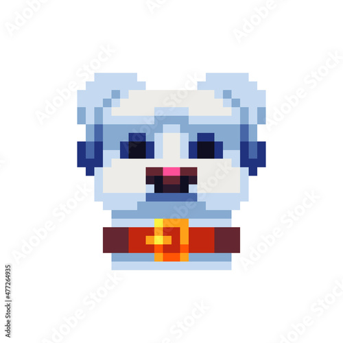 Dog head. Pixel art icon. Stickers and embroidery design. Logo design template for pet shops, veterinary clinics and animal shelters homeless. Isolated vector illustration. 