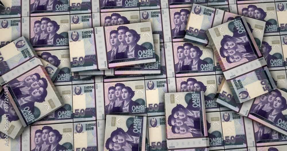 North Korea Won banknotes 3d animation. Camera view from close to long distance. KPW money packs. Concept of inflation, economy, crisis, business, banking, debt and finance. North Korea Won banknotes 3d animation. Camera view from close to long distance. KPW money packs. Concept of inflation, economy, crisis, business, banking, debt and finance.