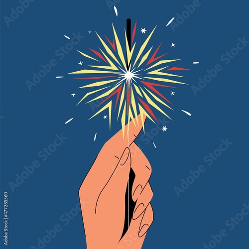 Set of images of hands with Christmas things: tangerine, Christmas ball, sparklers. Flat vector illustration 