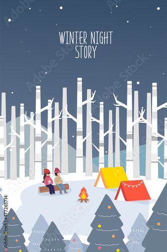 An illustration of the cozy winter night scenery
