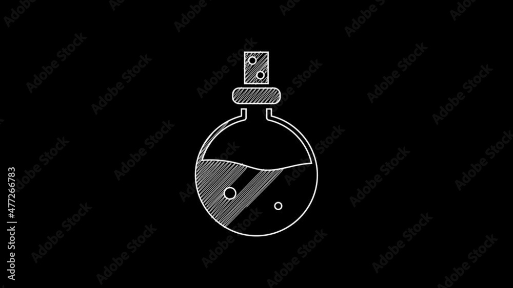 White line Bottle with love potion icon isolated on black background. Valentines day symbol. 4K Video motion graphic animation White line Bottle with love potion icon isolated on black background. Valentines day symbol. 4K Video motion graphic animation