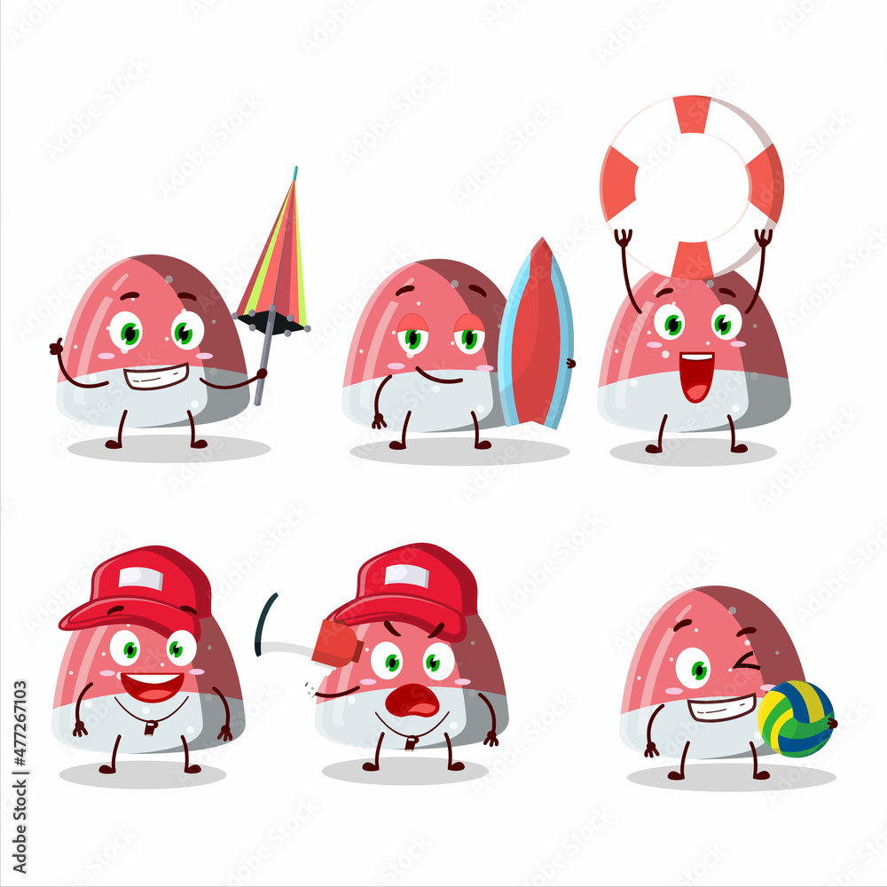 Happy Face pufflettes gummy candy cartoon character playing on a beach Happy Face pufflettes gummy candy cartoon character playing on a beach