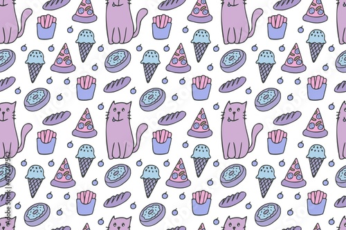 Cats and food seamless pattern