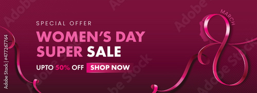 UP TO 50% Off For Women's Day Sale Banner Or Header Design With 8 Number Form By Pink Ribbon Of March.