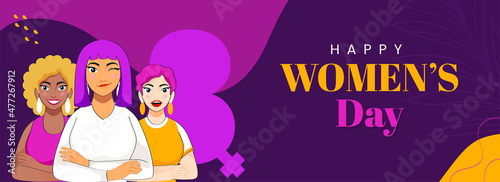 Happy Women's Day Banner Or Header Design With Cheerful Young Female Group And Pink Silhouette 8 Number On Purple Background.