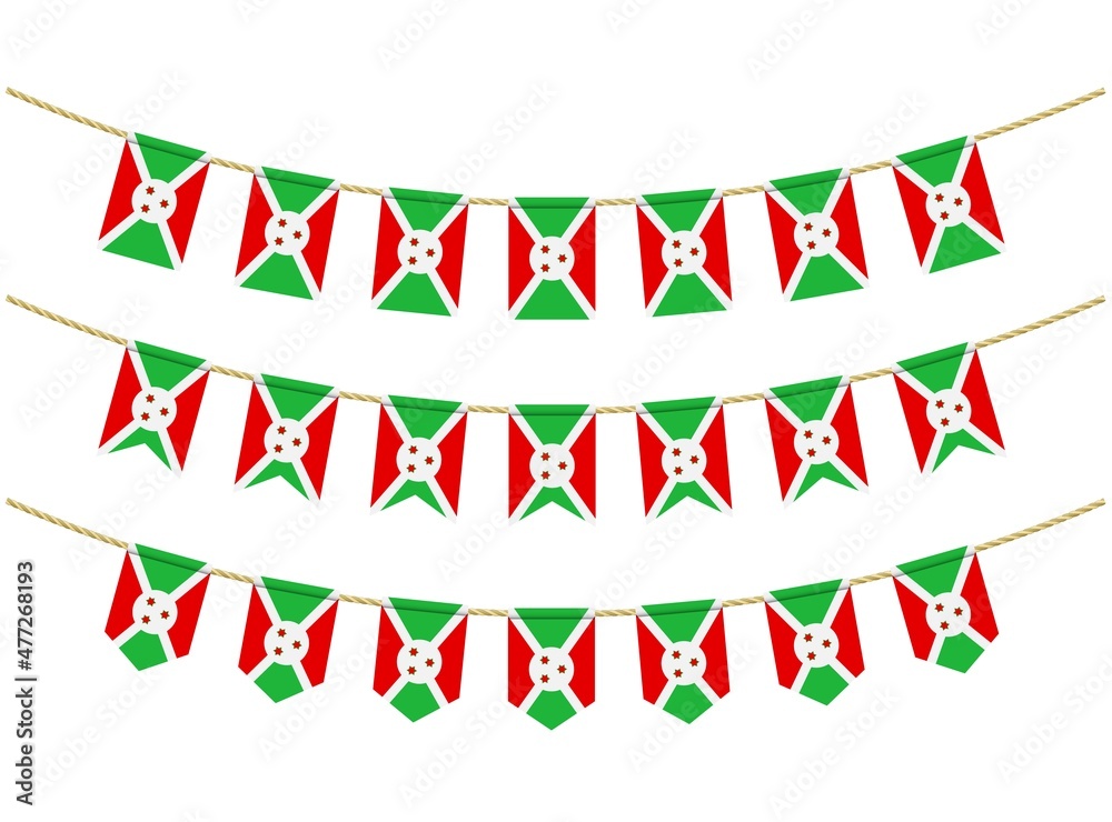Fototapeta premium Burundi flag on the ropes on white background. Set of Patriotic bunting flags. Bunting decoration of Burundi flag