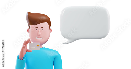 3d Cartoon man holding credit card with speech bubble. on white background