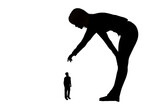 silhouette of a giant woman picking up a small man from the ground
