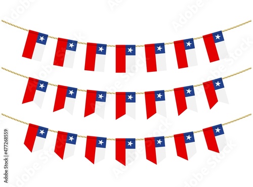 Chile flag on the ropes on white background. Set of Patriotic bunting flags. Bunting decoration of Chile flag photo