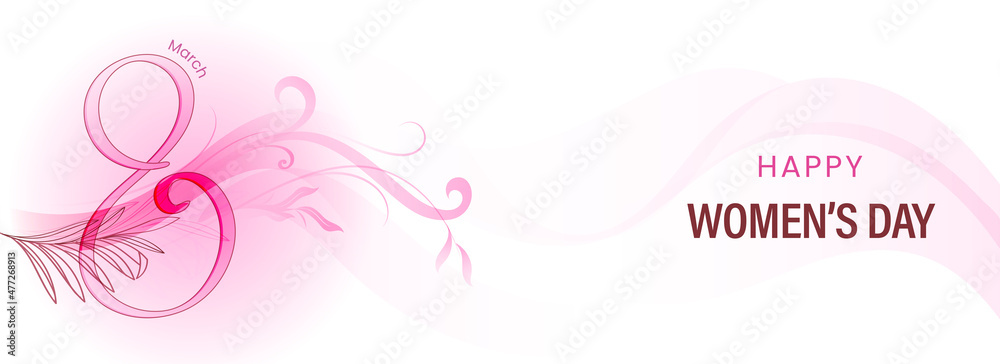 Happy Women's Day Banner Or Header Design With Creative Pink 8 Number Of March And Flourish On White Background.
