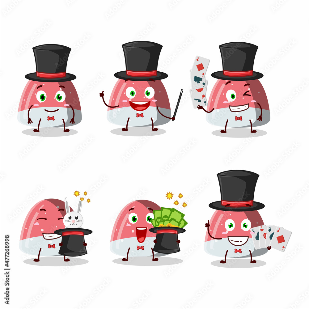 A pufflettes gummy candy Magician cartoon character perform on a stage A pufflettes gummy candy Magician cartoon character perform on a stage