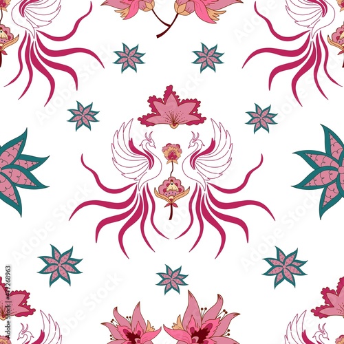 Seamless pattern with phoenix and florals