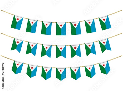 Djibouti flag on the ropes on white background. Set of Patriotic bunting flags. Bunting decoration of Djibouti flag