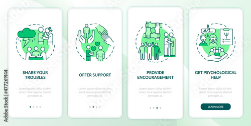 Support group activities green onboarding mobile app screen. Encouraging walkthrough 4 steps graphic instructions pages with linear concepts. UI, UX, GUI template. Myriad Pro-Bold, Regular fonts used