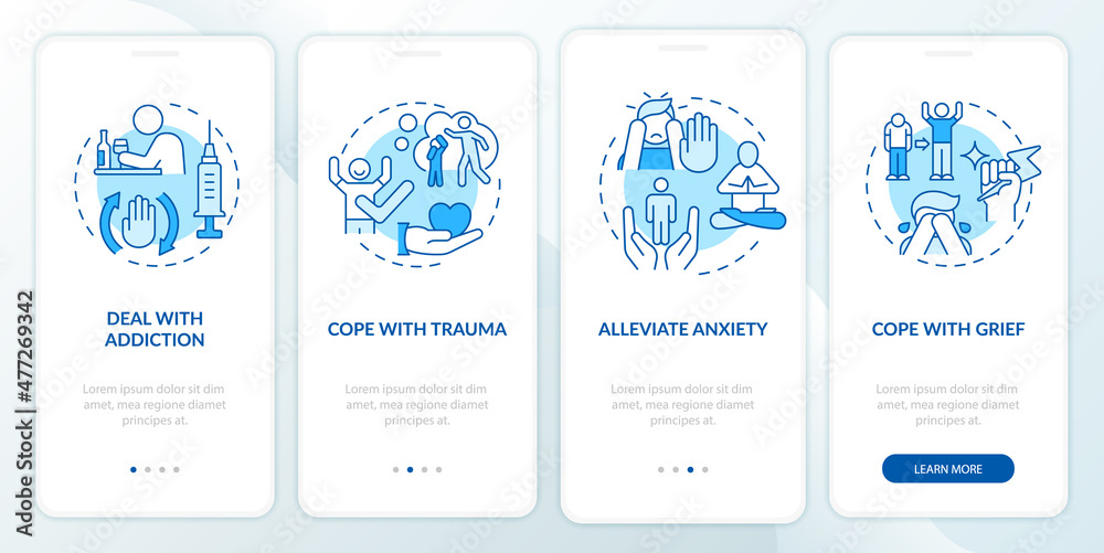 Talking about mental health blue onboarding mobile app screen. Trauma walkthrough 4 steps graphic instructions pages with linear concepts. UI, UX, GUI template. Myriad Pro-Bold, Regular fonts used