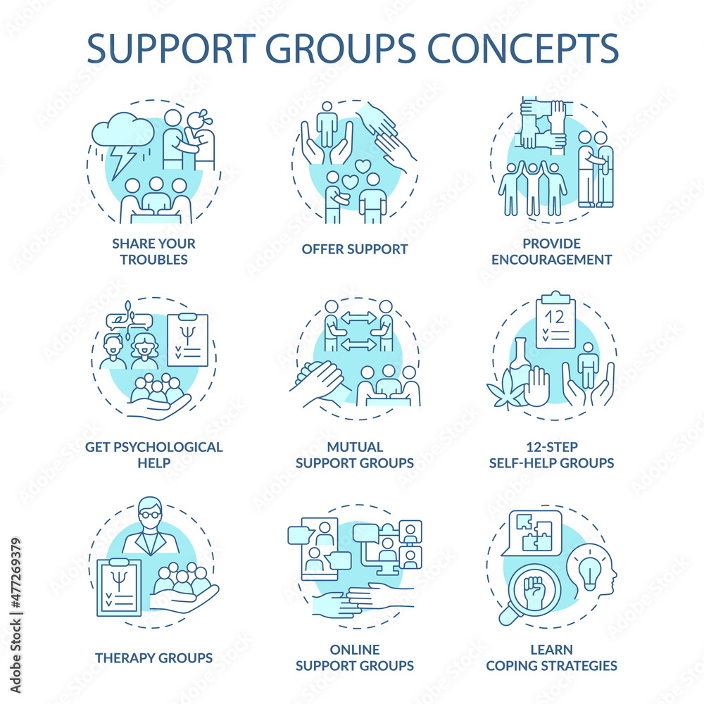 Support groups turquoise concept icons set. Share troubles idea thin line color illustrations. Offer support. Isolated outline drawings. Editable stroke. Roboto-Medium, Myriad Pro-Bold fonts used Support groups turquoise concept icons set. Share troubles idea thin line color illustrations. Offer support. Isolated outline drawings. Editable stroke. Roboto-Medium, Myriad Pro-Bold fonts used