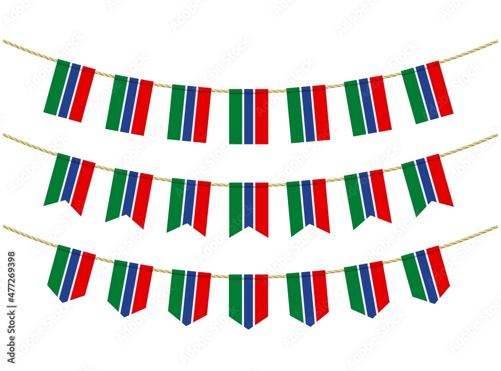 Fototapeta premium Gambia flag on the ropes on white background. Set of Patriotic bunting flags. Bunting decoration of Gambia flag