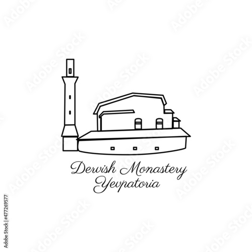 Vector landmark of Crimea, Dervish Monastery, Yevpatoria, decorative european architecture isolated on white, travel icon tower, flat building, hand drawn sight attraction, line art sign for design