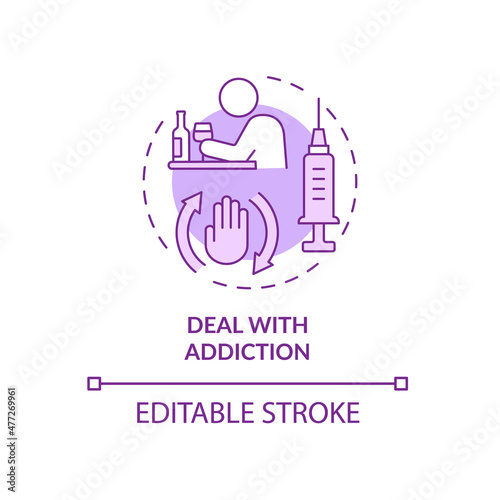 Deal with addiction purple concept icon. Coping with bad habits abstract idea thin line illustration. Isolated outline drawing. Editable stroke. Roboto-Medium, Myriad Pro-Bold fonts used