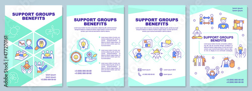 Support groups benefits brochure template. Mental health. Booklet print design with linear icons. Vector layouts for presentation, annual reports, ads. Arial-Black, Myriad Pro-Regular fonts used