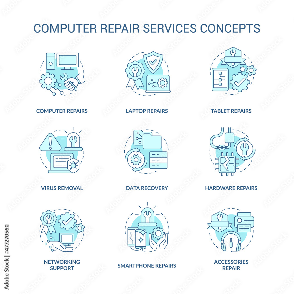 Computer repair service turquoise concept icons set. Problem resolve idea thin line color illustrations. Isolated outline drawings. Editable stroke. Roboto-Medium, Myriad Pro-Bold fonts used