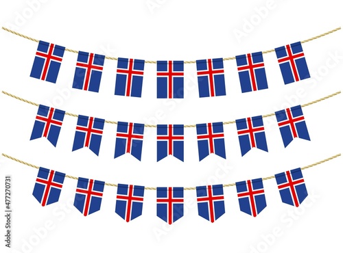 Iceland flag on the ropes on white background. Set of Patriotic bunting flags. Bunting decoration of Iceland flag