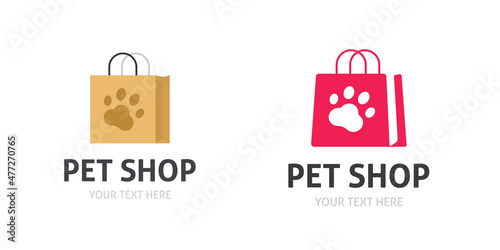 Pet shop logo vector or dog shop icon with paw print trail flat cartoon symbol, concept of animal care center sign template modern simple design