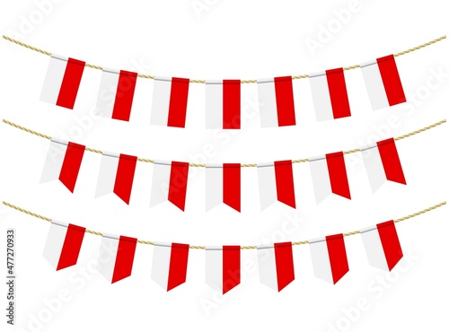 Indonesia flag on the ropes on white background. Set of Patriotic bunting flags. Bunting decoration of Indonesia flag