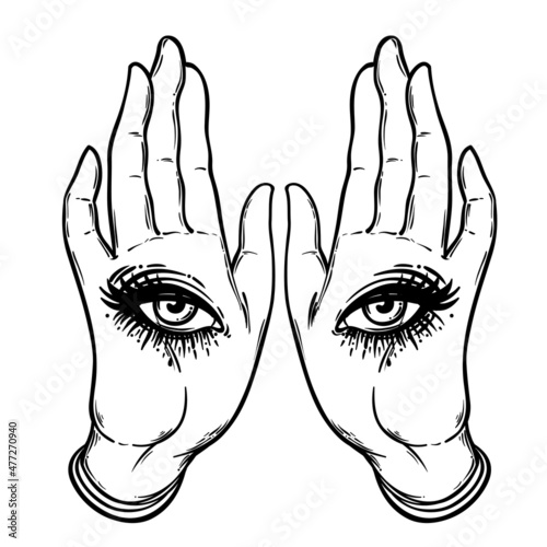 Mysterious creature with eyes on the hands. Hand drawn illustration. Occult d...
