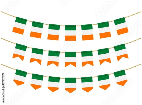 Ireland flag on the ropes on white background. Set of Patriotic bunting flags. Bunting decoration of Ireland flag