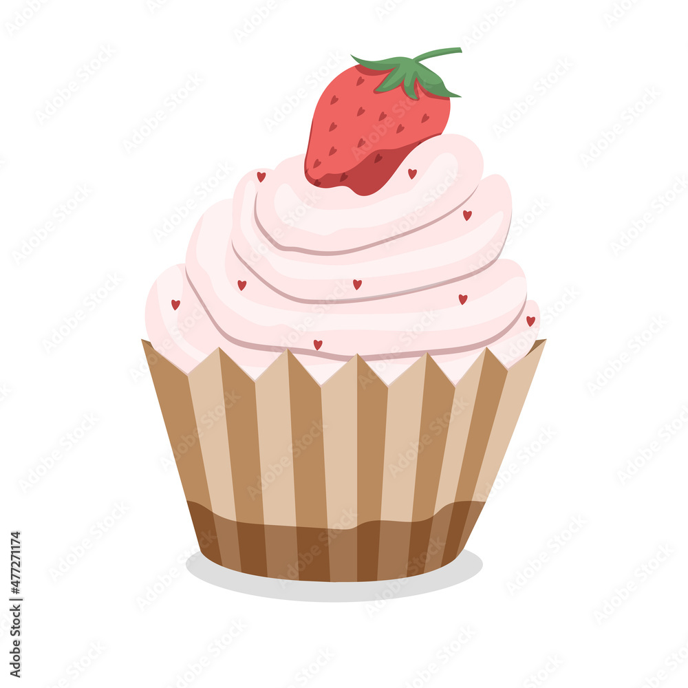 Cupcake illustration. Cupcake with strawberry cream and strawberries for Valentine's Day. Cupcake illustration. Cupcake with strawberry cream and strawberries for Valentine's Day.