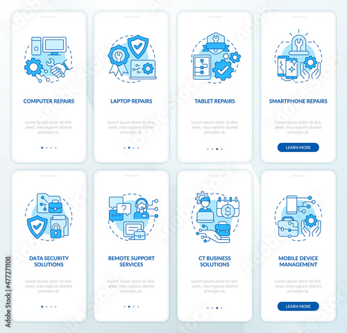 Corporate pc repair service blue onboarding mobile app screen set. Walkthrough 4 steps graphic instructions pages with linear concepts. UI, UX, GUI template. Myriad Pro-Bold, Regular fonts used