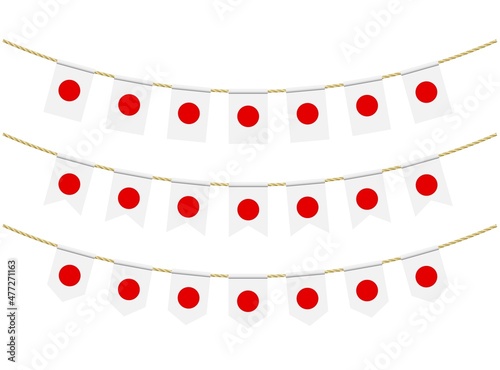 Japan flag on the ropes on white background. Set of Patriotic bunting flags. Bunting decoration of Japan flag
