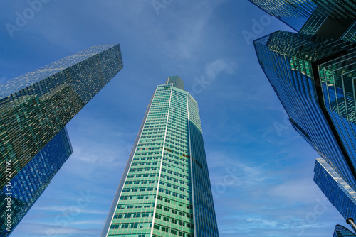 Skyscrapers in the business center  financial district  sunny day  blue sky  empty space  Moscow city  Russia.