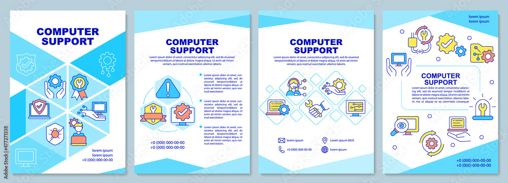 Computer support brochure template. PC diagnostic. Booklet print design with linear icons. Vector layouts for presentation, annual reports, ads. Arial-Black, Myriad Pro-Regular fonts used