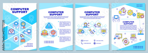 Computer support brochure template. PC diagnostic. Booklet print design with linear icons. Vector layouts for presentation, annual reports, ads. Arial-Black, Myriad Pro-Regular fonts used