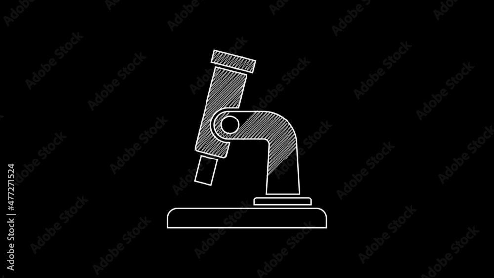 White line Microscope icon isolated on black background. Chemistry, pharmaceutical instrument, microbiology magnifying tool. 4K Video motion graphic animation