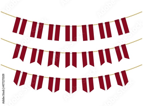 latvia flag on the ropes on white background. Set of Patriotic bunting flags. Bunting decoration of latvia flag