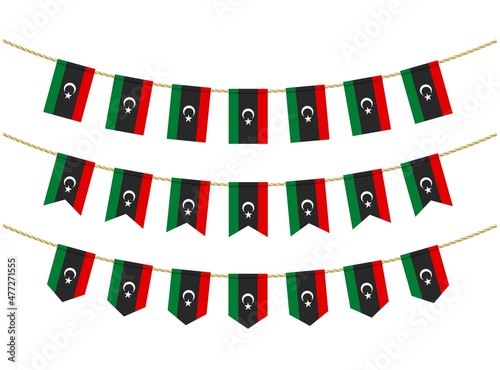 Libya flag on the ropes on white background. Set of Patriotic bunting flags. Bunting decoration of libya flag