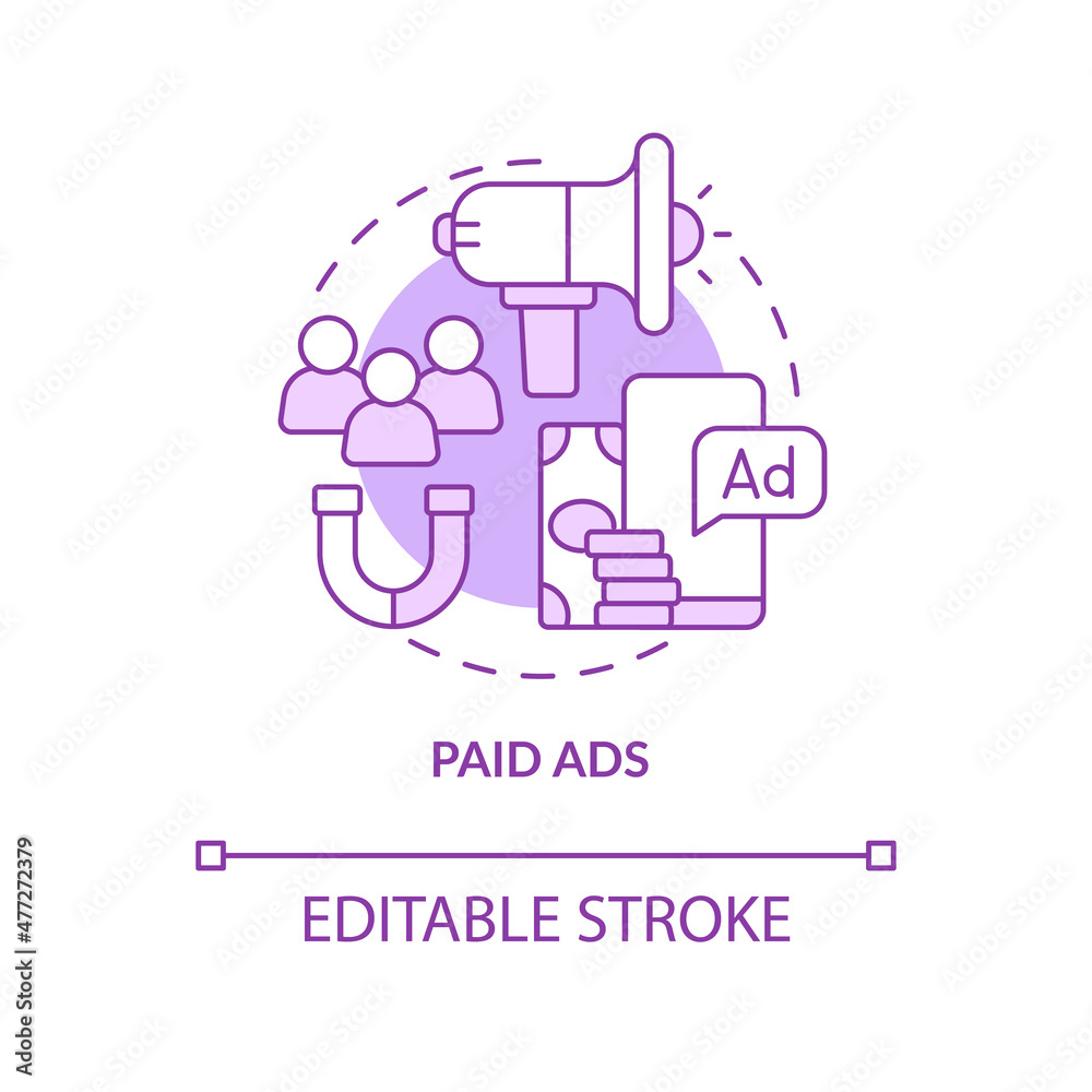 Paid ads purple concept icon. Business service. Digital marketing abstract idea thin line illustration. Isolated outline drawing. Editable stroke. Roboto-Medium, Myriad Pro-Bold fonts used