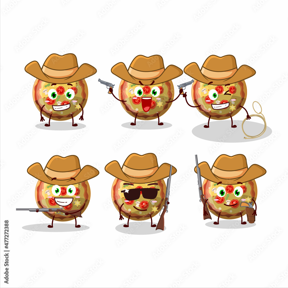 Obraz premium Cool cowboy pizza gummy candy cartoon character with a cute hat