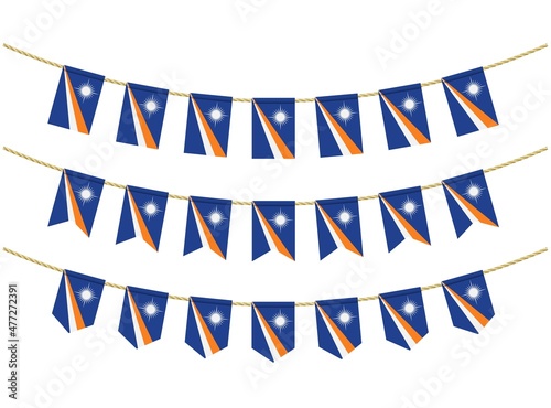 Marshall Islands flag on the ropes on white background. Set of Patriotic bunting flags. Bunting decoration of Marshall Islands flag