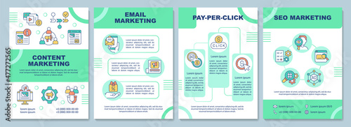 Digital marketing strategies green brochure template. Booklet print design with linear icons. Vector layouts for presentation, annual reports, ads. Arial-Black, Myriad Pro-Regular fonts used
