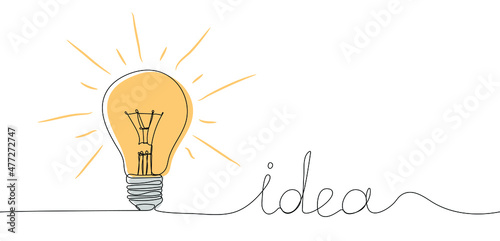 Light bulb with rays shine and idea text. Symbol of creativity, innovation, inspiration, invention and idea. One continuous line drawing. Vector illustration