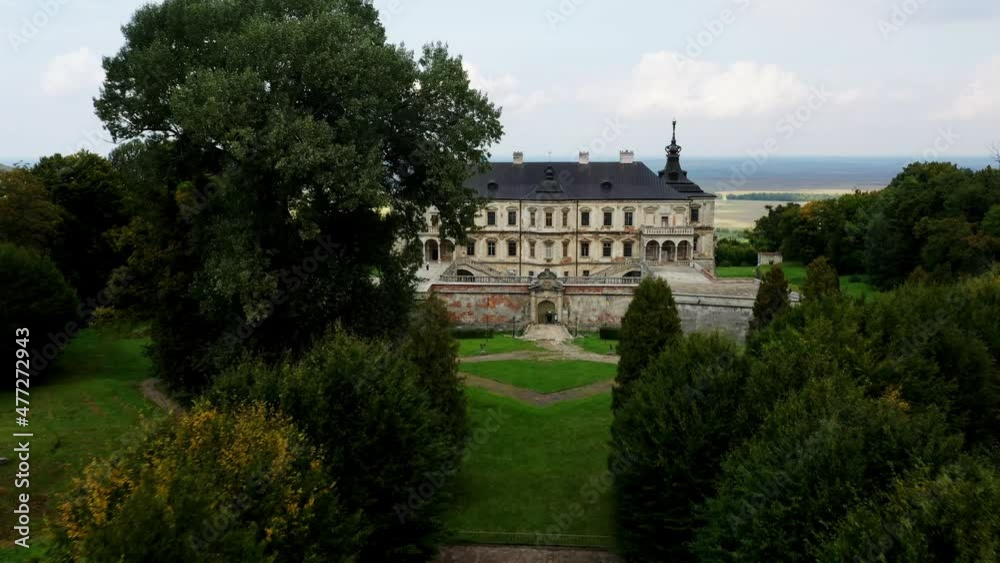 Drone aerial view of a fabulous, fairy castle. Luxurious, ancient, historical estate in a green forest Drone aerial view of a fabulous, fairy castle. Luxurious, ancient, historical estate in a green forest