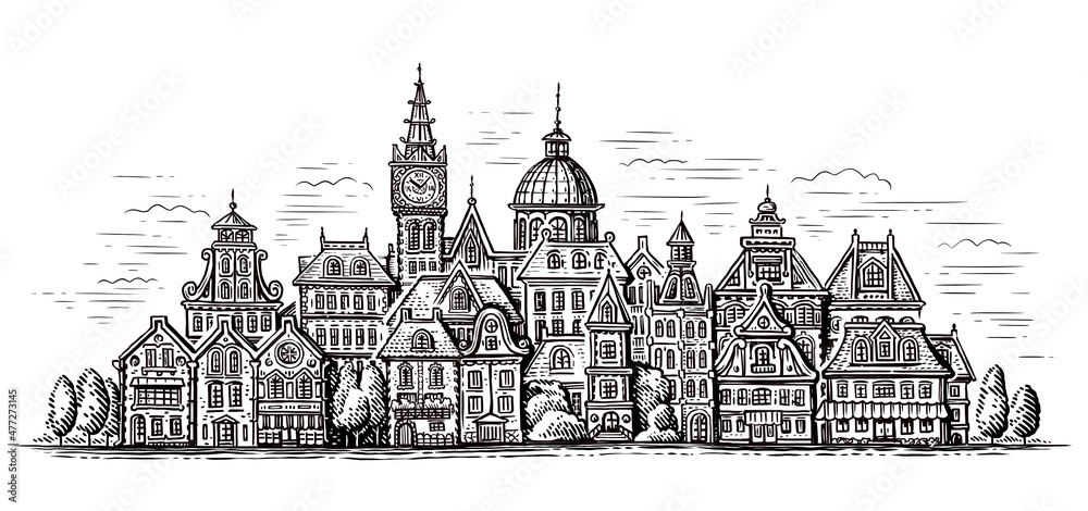 Cityscape with old houses. Hand drawn town sketch illustration