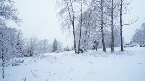 Cold snowy winter landscapes in the forest along the Albsteig hiking trek in Baden-Württemberg, Germany. © Christopher
