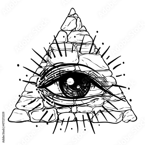 Eye of Providence. Masonic symbol. All seeing eye inside triangle pyramid. New World Order. Hand-drawn alchemy, religion, spirituality, occultism. Isolated vector illustration. Conspiracy theory.